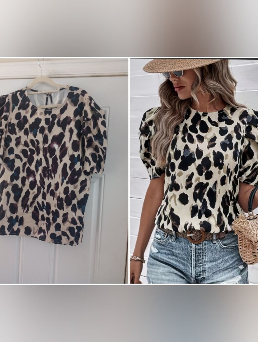 NEW Round Neck Bubble Short Sleeve Animal Print Back Keyhole Closure Blouse XL